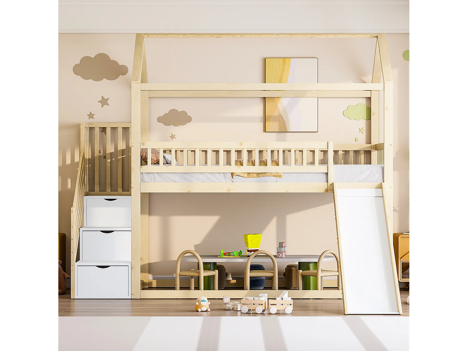 Lit superposé enfant 90x200 cm couleur bois, avec toboggan, échelle de rangement et sommier inclus