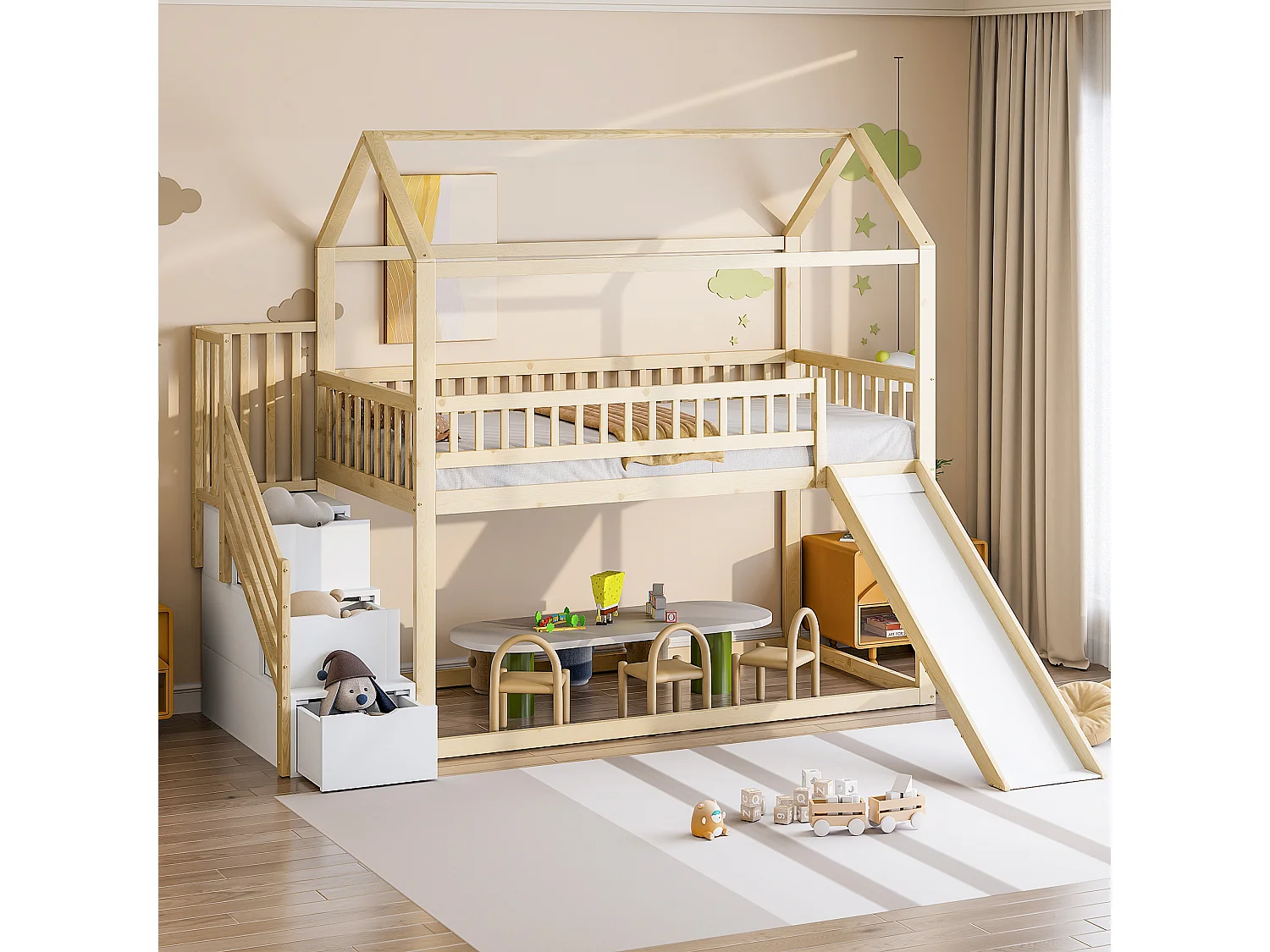 Lit superposé enfant 90x200 cm couleur bois, avec toboggan, échelle de rangement et sommier inclus