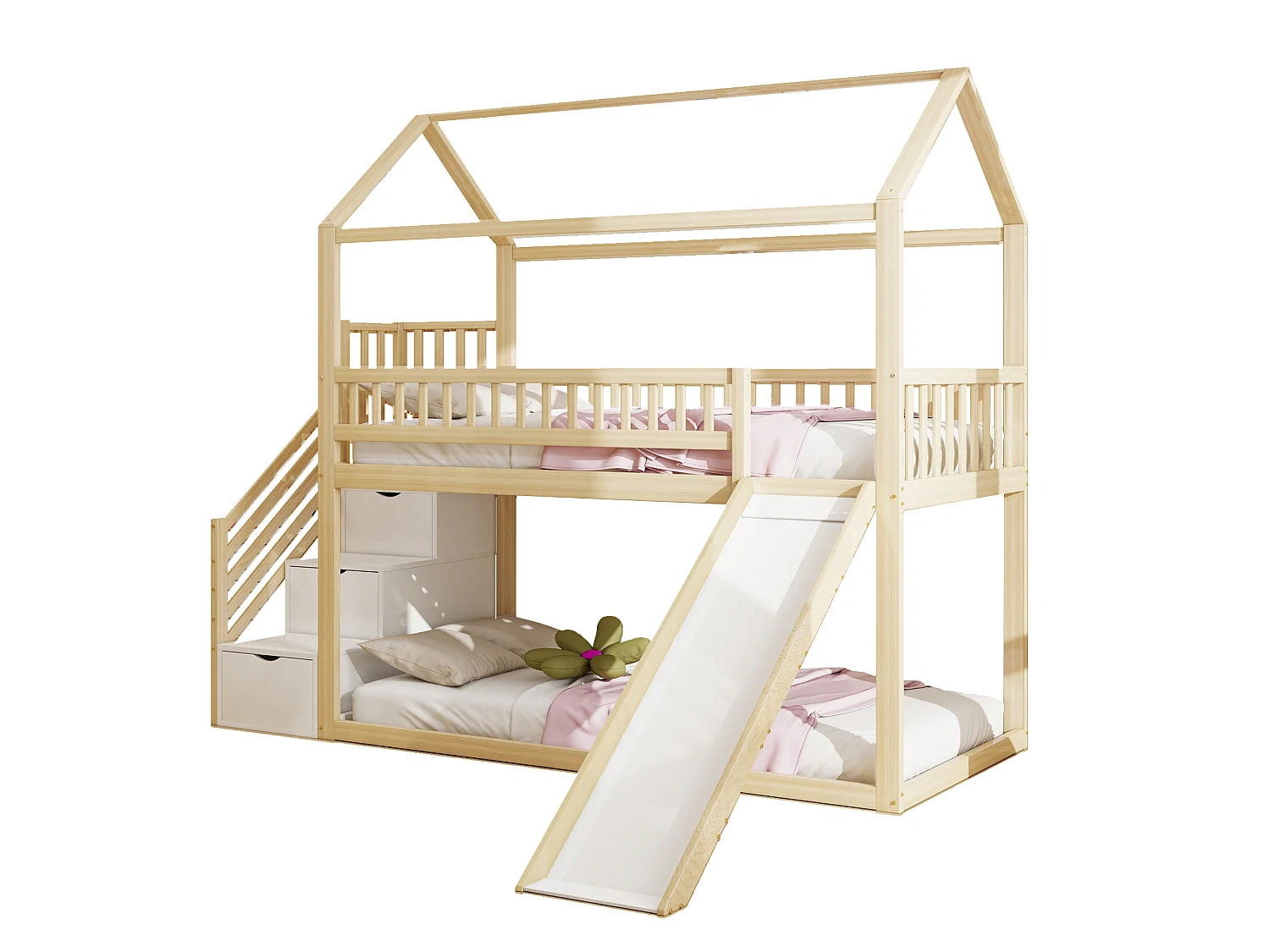 Lit superposé enfant 90x200 cm couleur bois, avec toboggan, échelle de rangement et sommier inclus