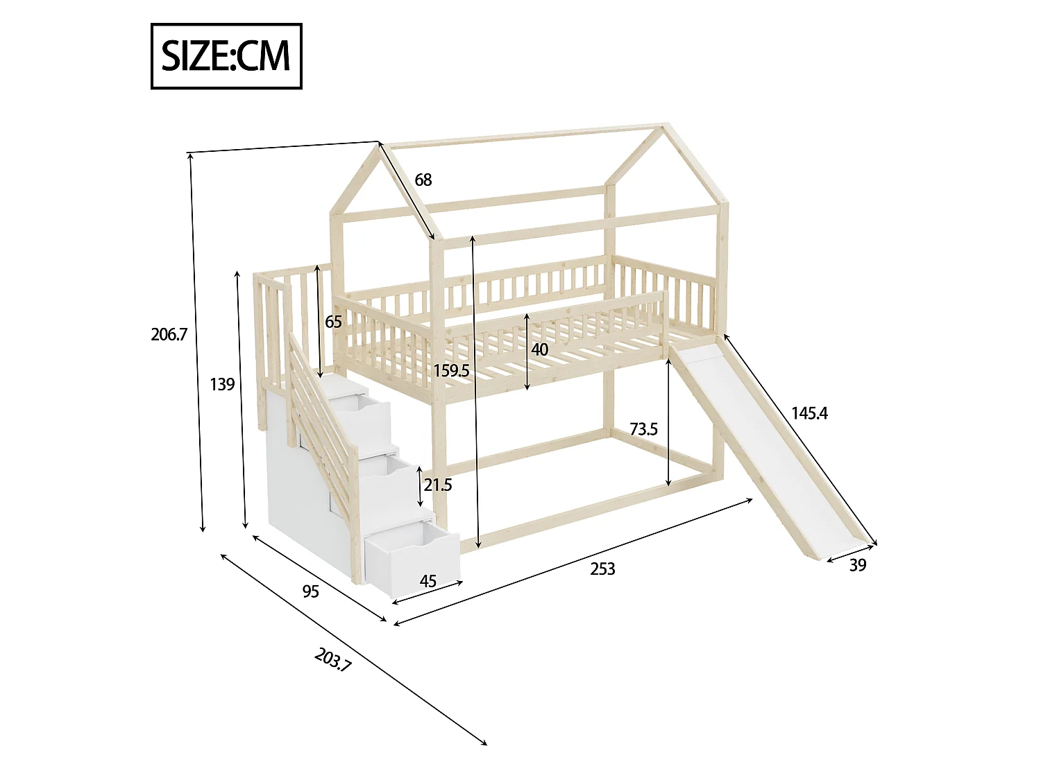 Lit superposé enfant 90x200 cm couleur bois, avec toboggan, échelle de rangement et sommier inclus