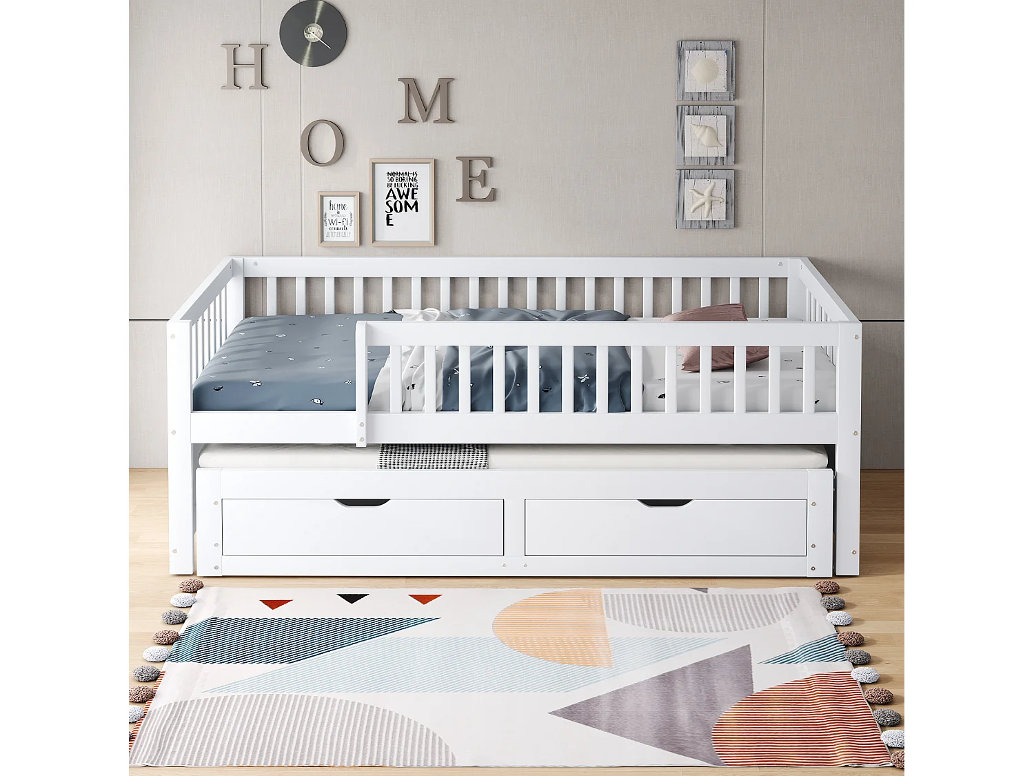 Canapé-lit en bois massif 90x200, barrière de sécurité, lit gigogne avec 2 tiroirs, sommier inclus, lit enfant, blanc