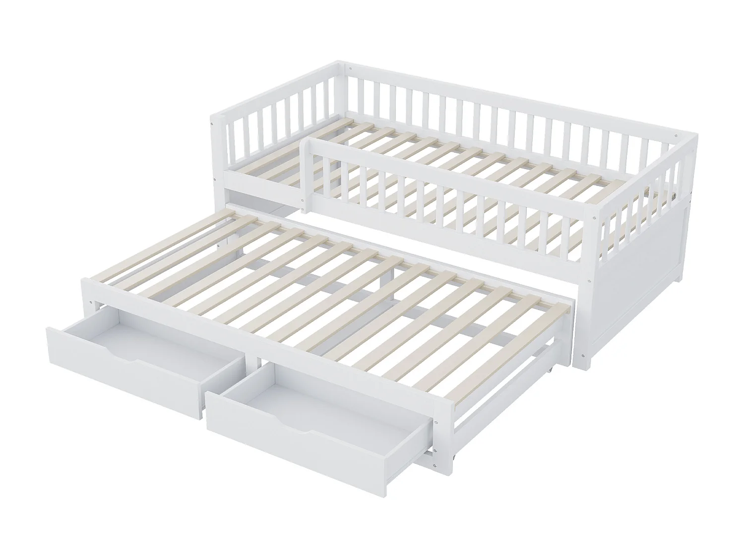 Canapé-lit en bois massif 90x200, barrière de sécurité, lit gigogne avec 2 tiroirs, sommier inclus, lit enfant, blanc