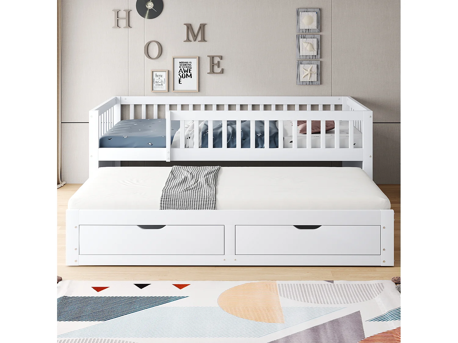 Canapé-lit en bois massif 90x200, barrière de sécurité, lit gigogne avec 2 tiroirs, sommier inclus, lit enfant, blanc