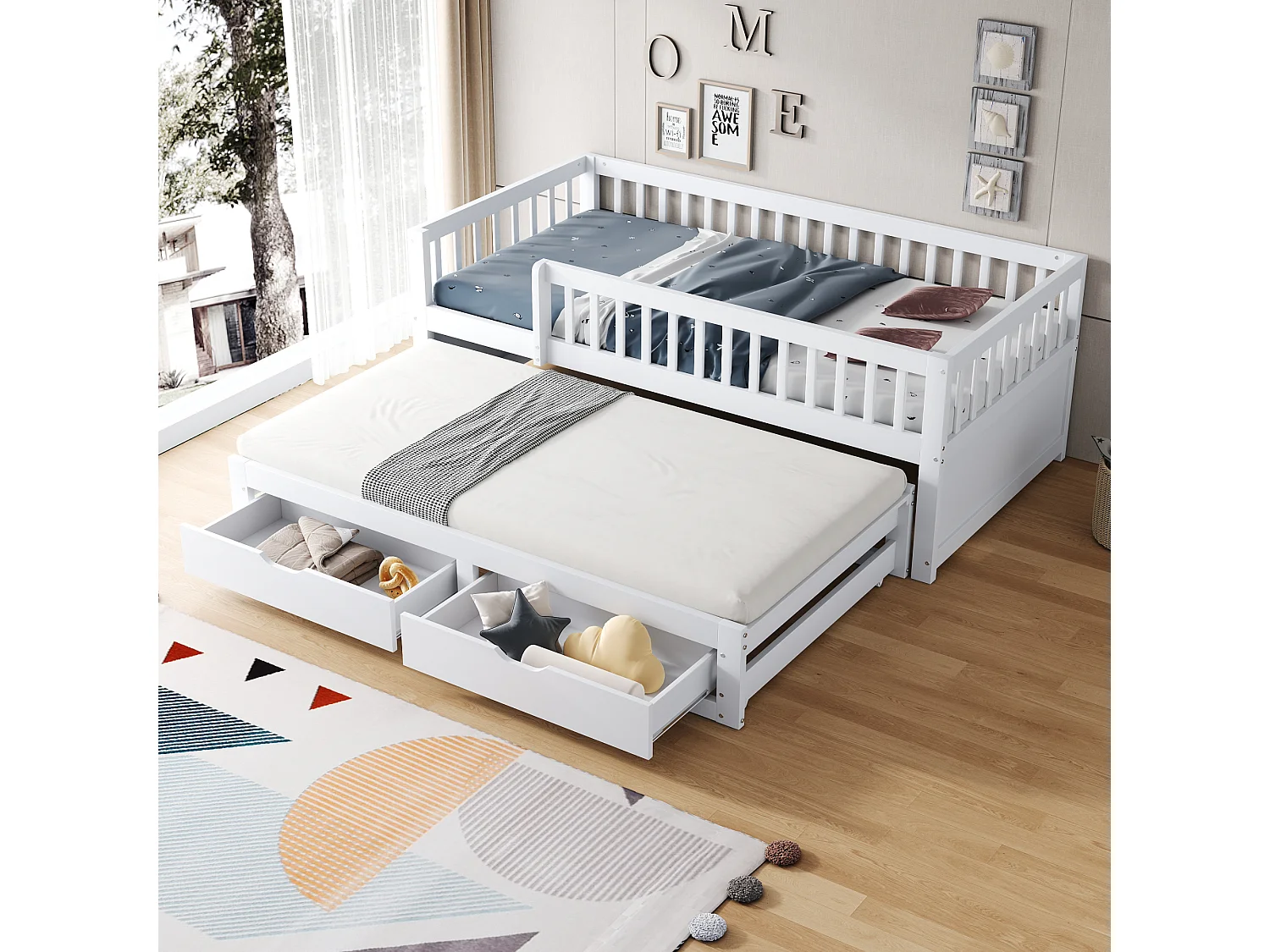 Canapé-lit en bois massif 90x200, barrière de sécurité, lit gigogne avec 2 tiroirs, sommier inclus, lit enfant, blanc