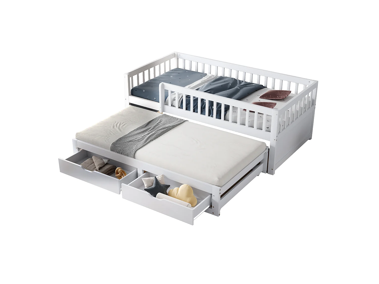 Canapé-lit en bois massif 90x200, barrière de sécurité, lit gigogne avec 2 tiroirs, sommier inclus, lit enfant, blanc