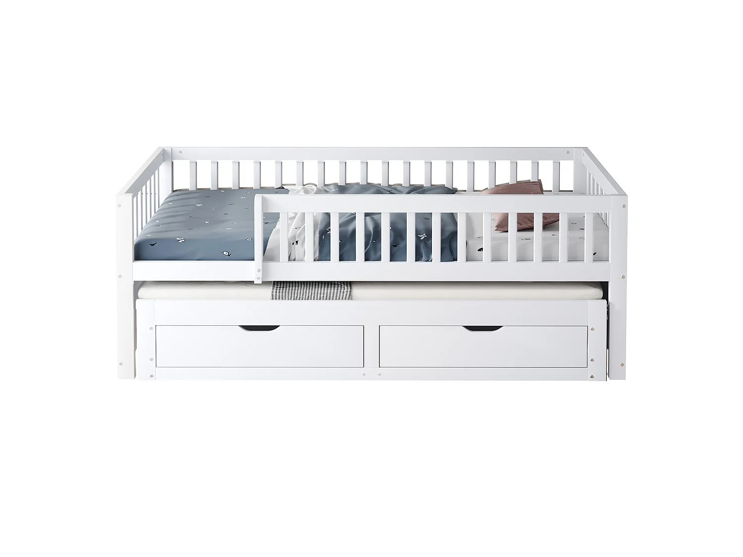 Canapé-lit en bois massif 90x200, barrière de sécurité, lit gigogne avec 2 tiroirs, sommier inclus, lit enfant, blanc