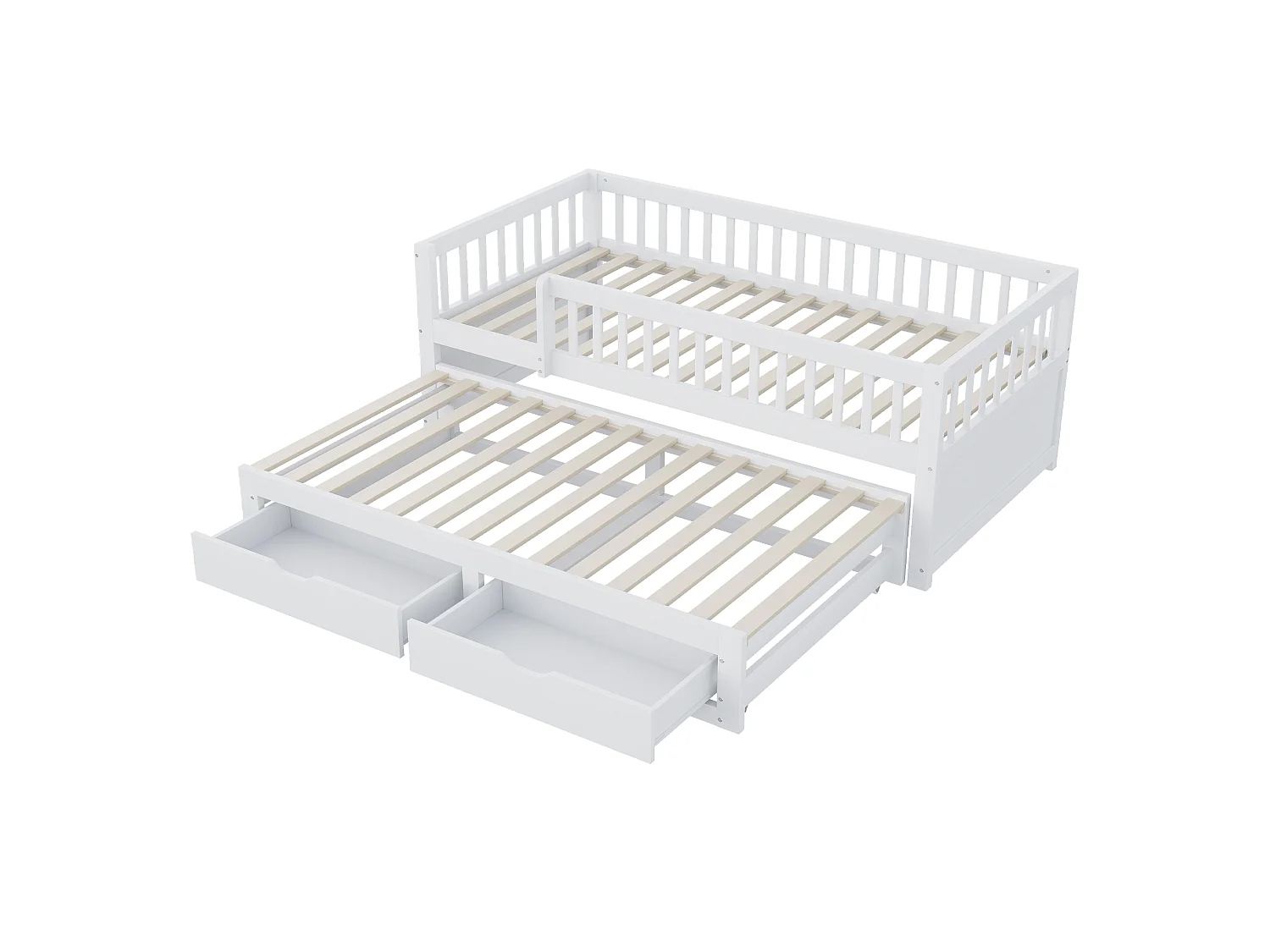 Canapé-lit en bois massif 90x200, barrière de sécurité, lit gigogne avec 2 tiroirs, sommier inclus, lit enfant, blanc