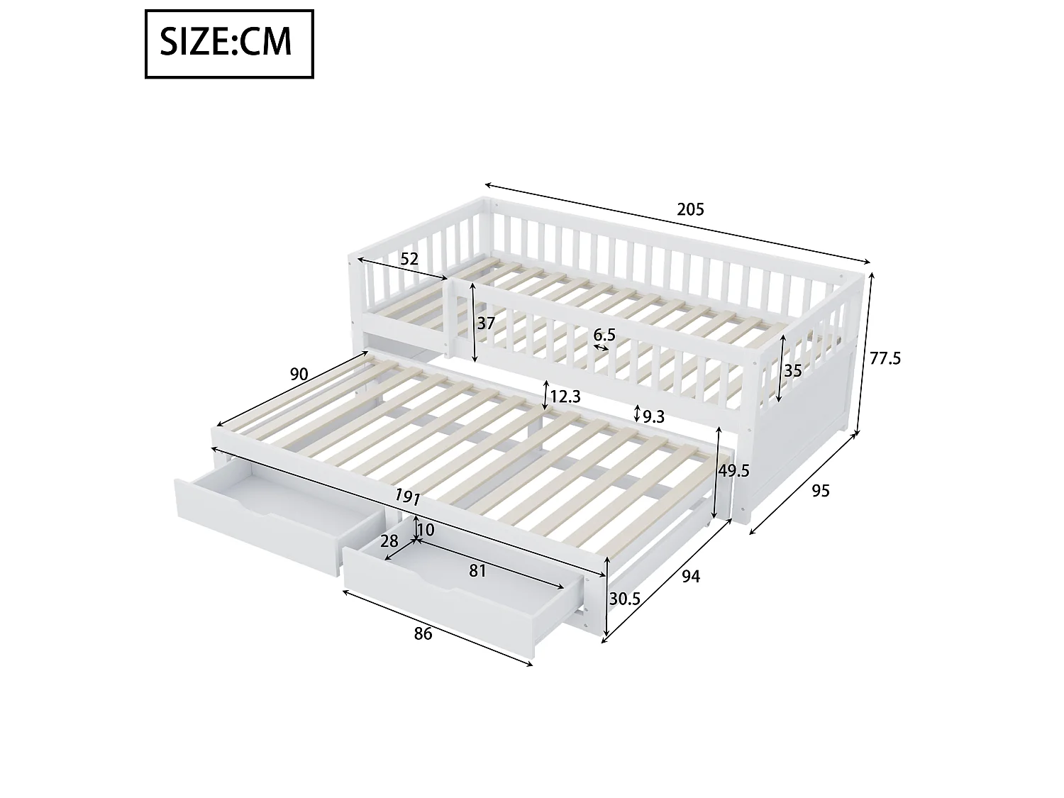 Canapé-lit en bois massif 90x200, barrière de sécurité, lit gigogne avec 2 tiroirs, sommier inclus, lit enfant, blanc