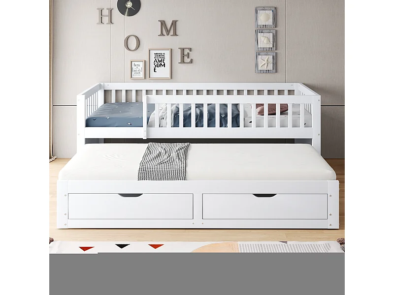 Canapé-lit en bois massif 90x200, barrière de sécurité, lit gigogne avec 2 tiroirs, sommier inclus, lit enfant, blanc