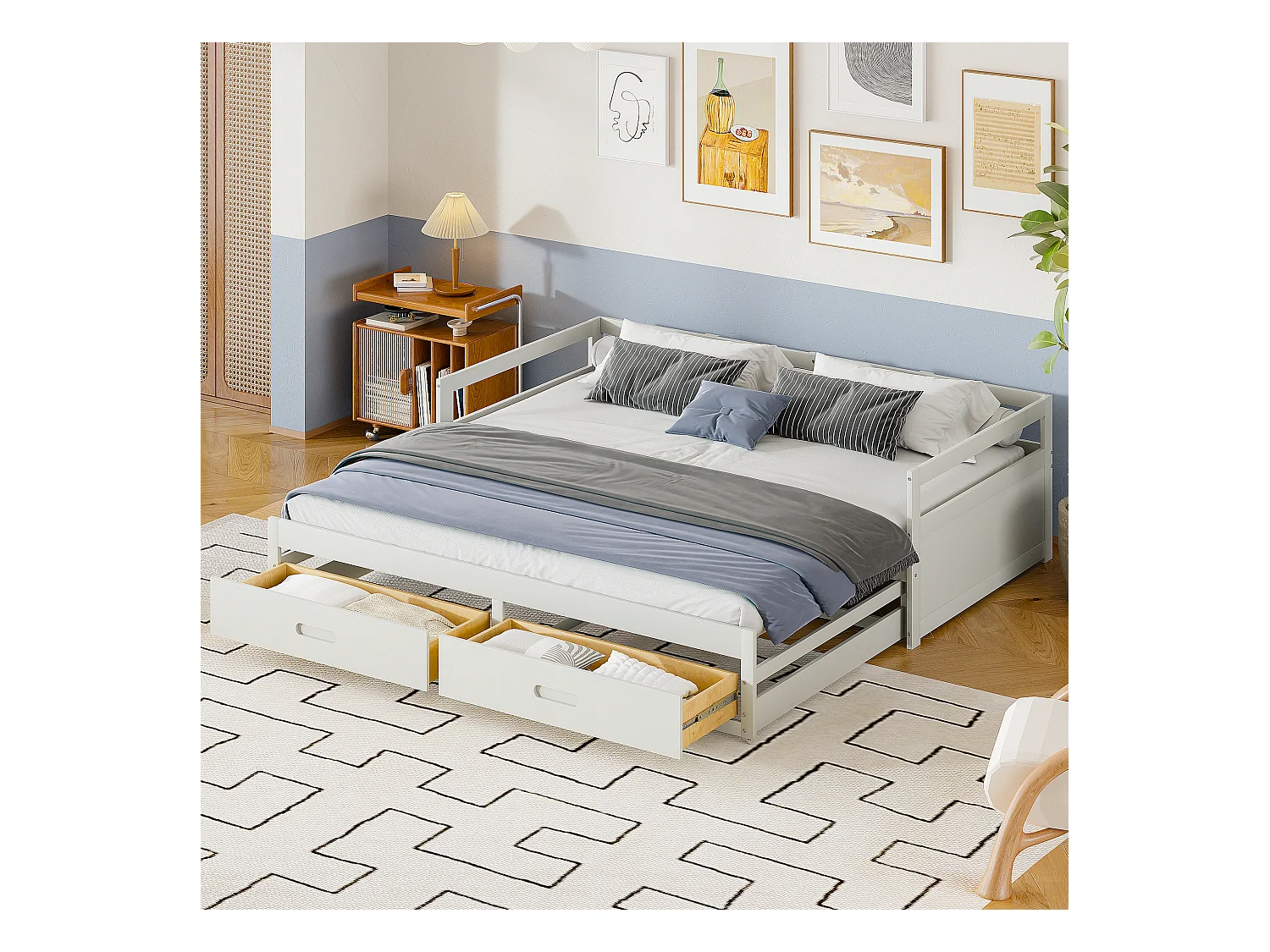 Canapé-lit extensible 90/180x200 avec tiroirs et sommier, lit en pin avec rangement, blanc