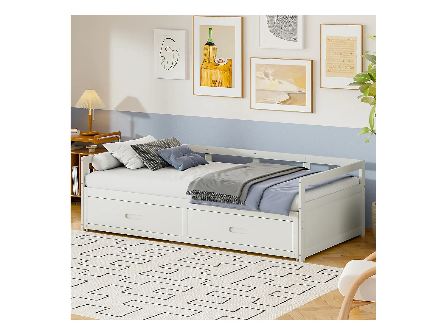 Canapé-lit extensible 90/180x200 avec tiroirs et sommier, lit en pin avec rangement, blanc