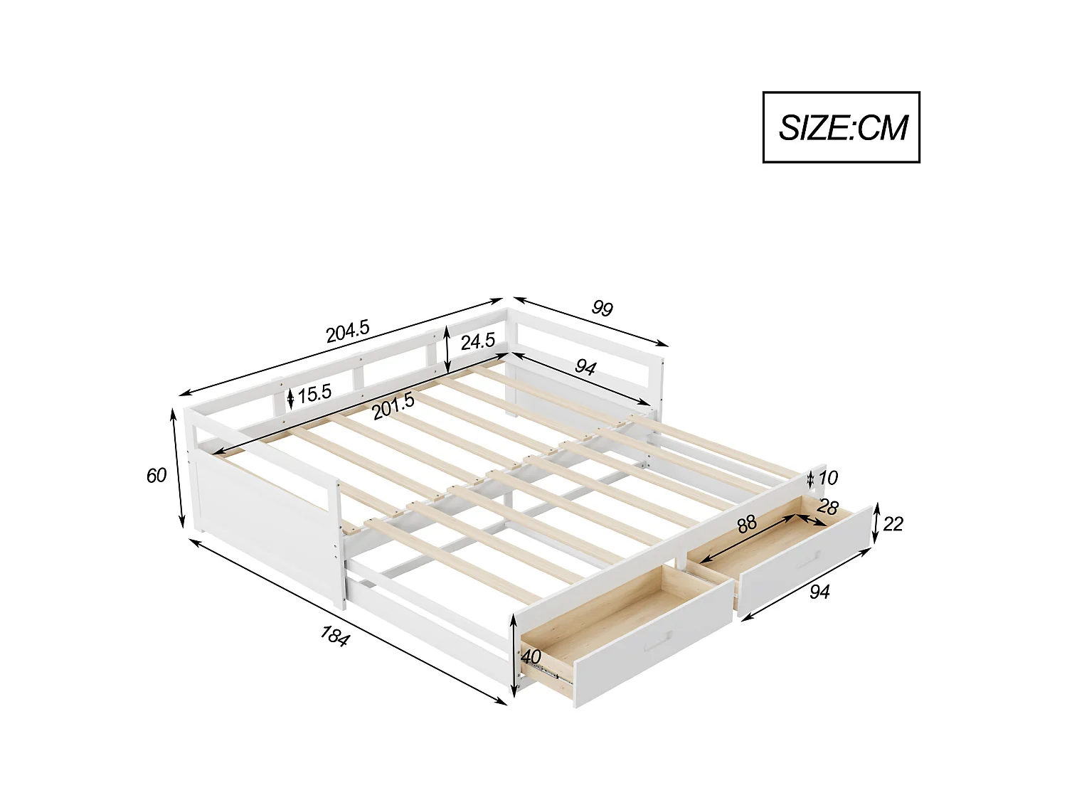 Canapé-lit extensible 90/180x200 avec tiroirs et sommier, lit en pin avec rangement, blanc