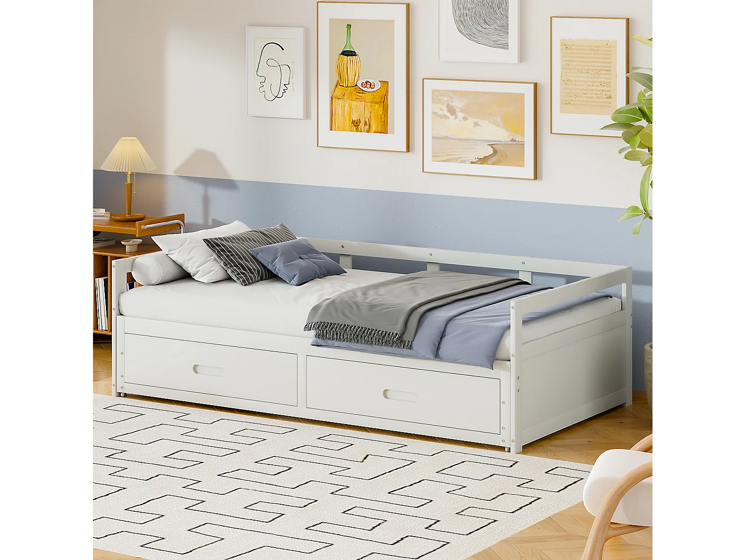 Canapé-lit extensible 90/180x200 avec tiroirs et sommier, lit en pin avec rangement, blanc