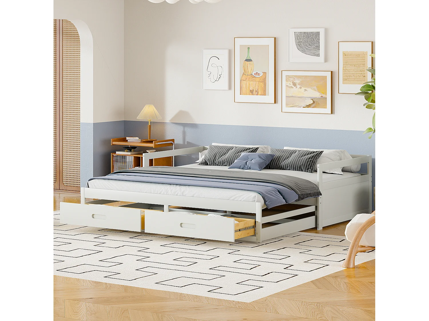 Canapé-lit extensible 90/180x200 avec tiroirs et sommier, lit en pin avec rangement, blanc