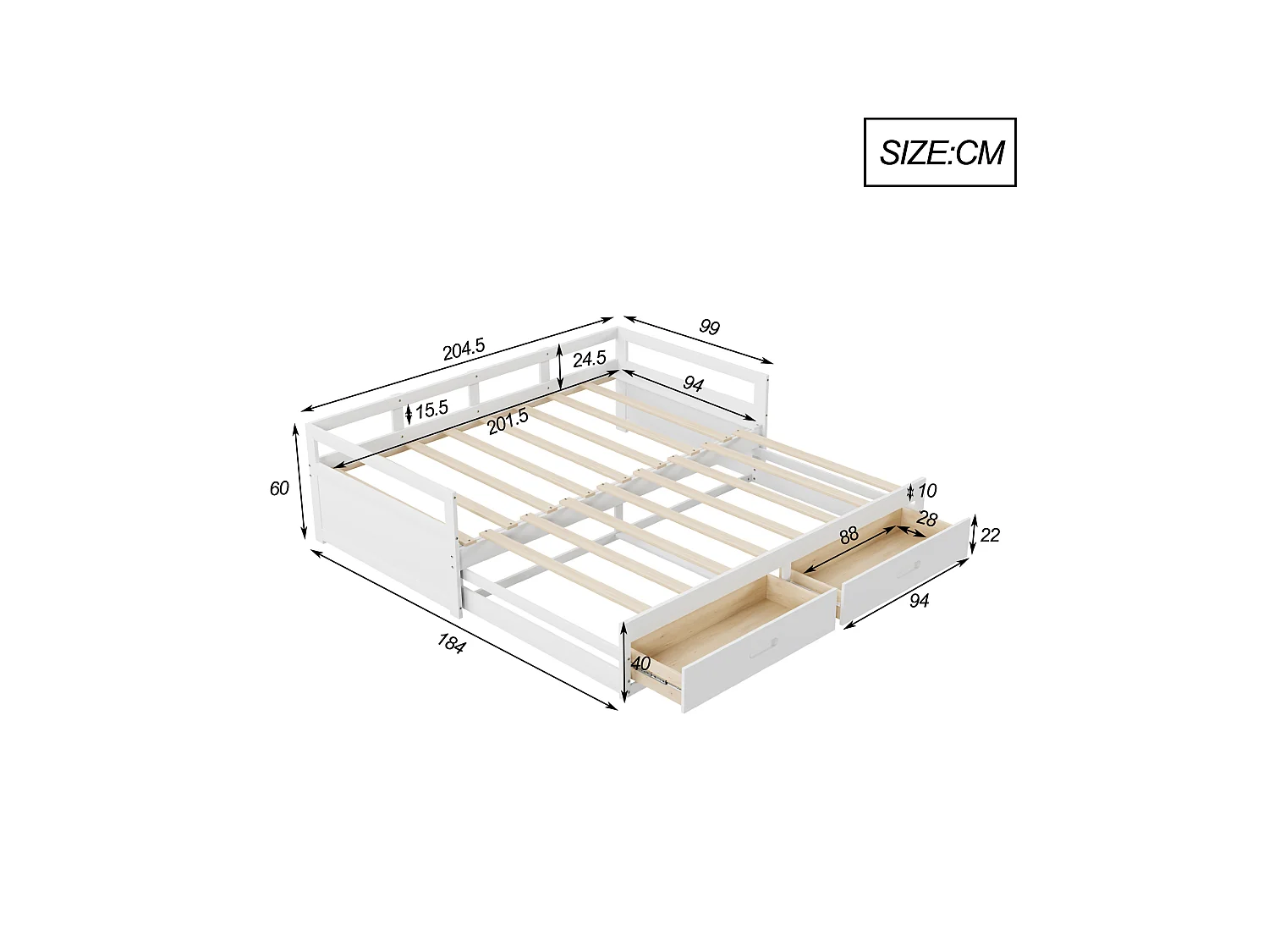 Canapé-lit extensible 90/180x200 avec tiroirs et sommier, lit en pin avec rangement, blanc