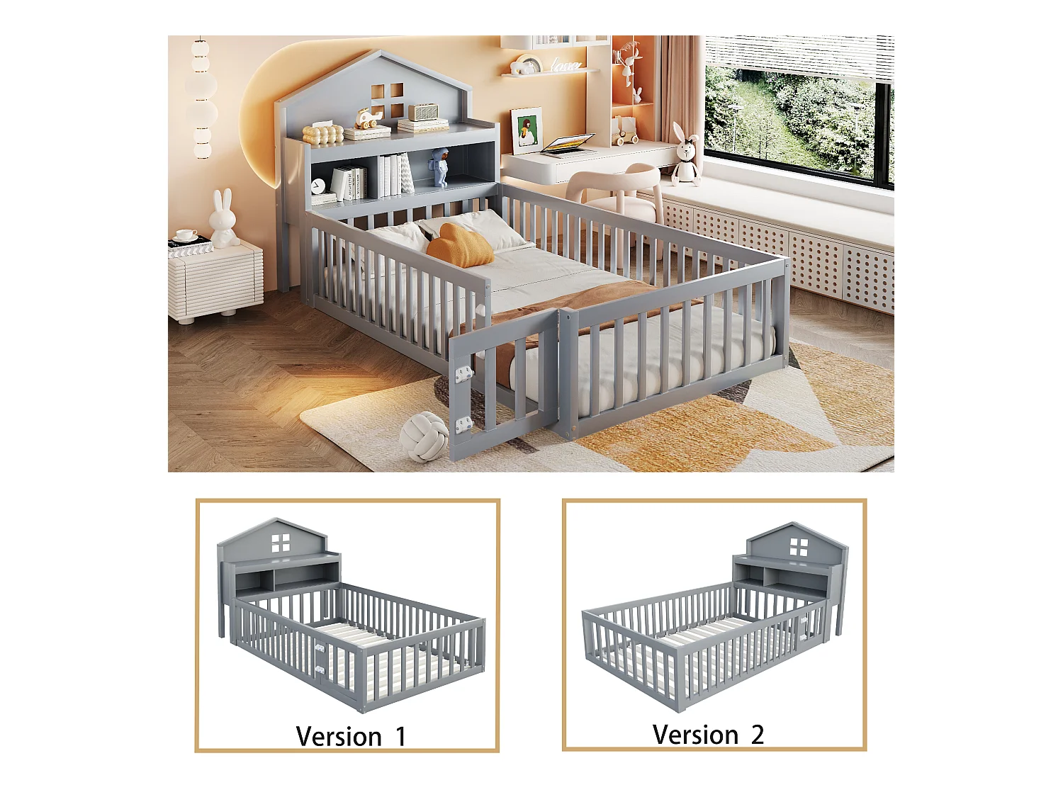 Lit enfant 90x200 cm en bois massif, structure maison avec étagères, rangement, barrière et porte, gris