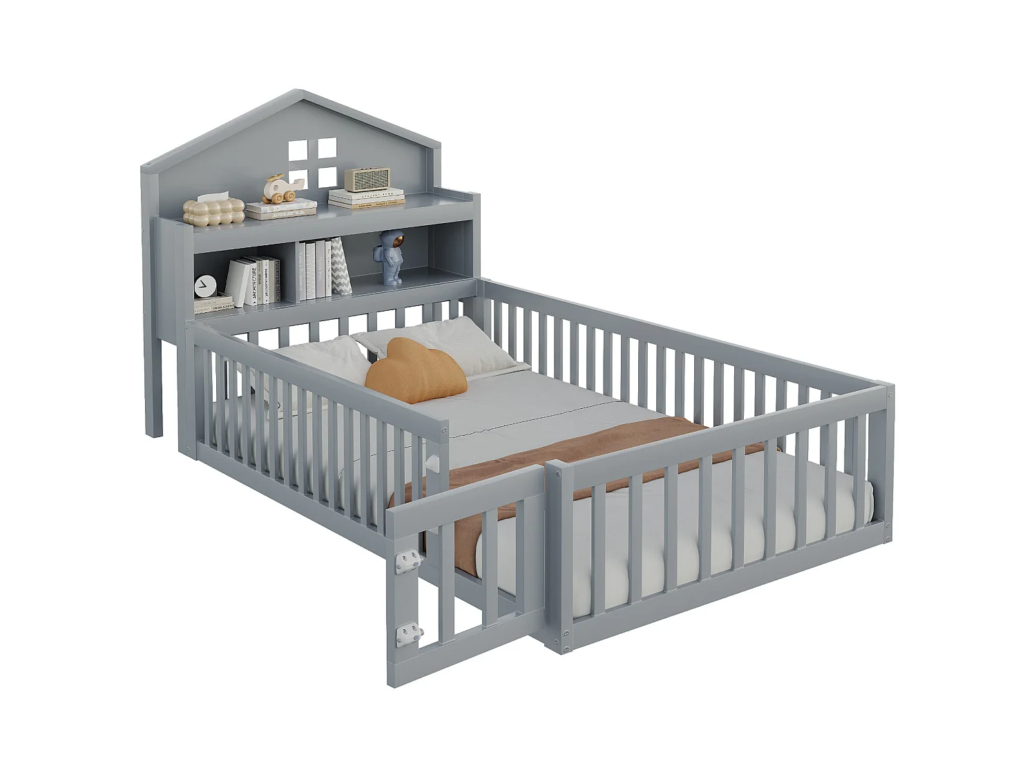 Lit enfant 90x200 cm en bois massif, structure maison avec étagères, rangement, barrière et porte, gris