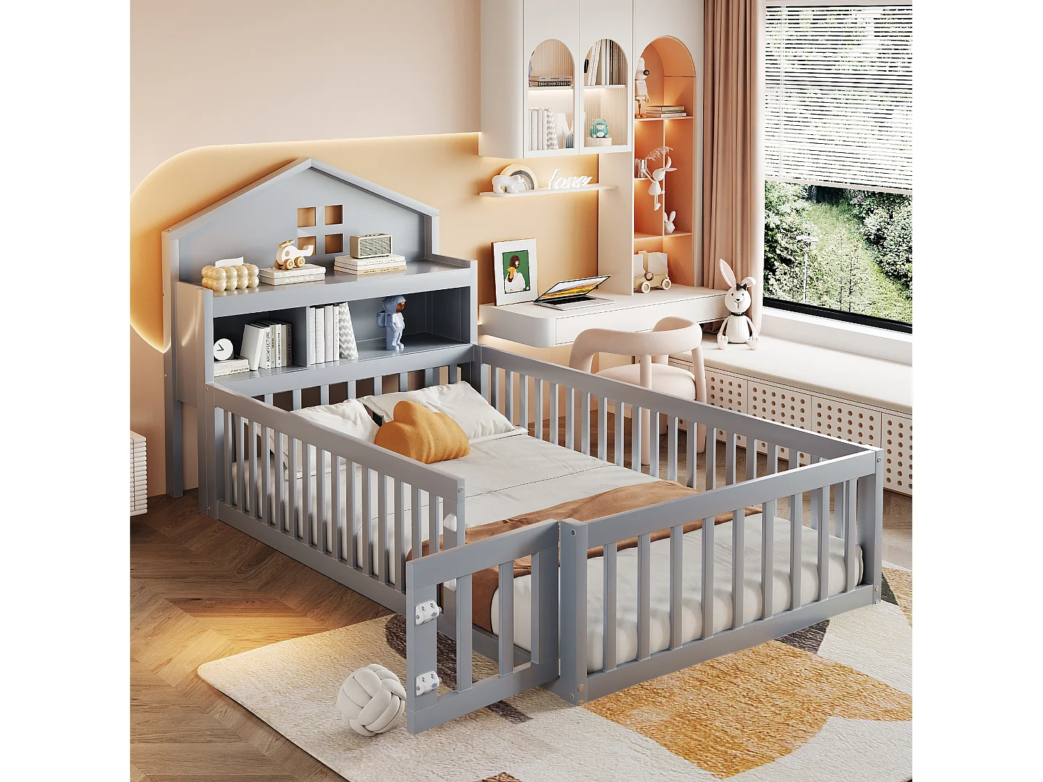 Lit enfant 90x200 cm en bois massif, structure maison avec étagères, rangement, barrière et porte, gris