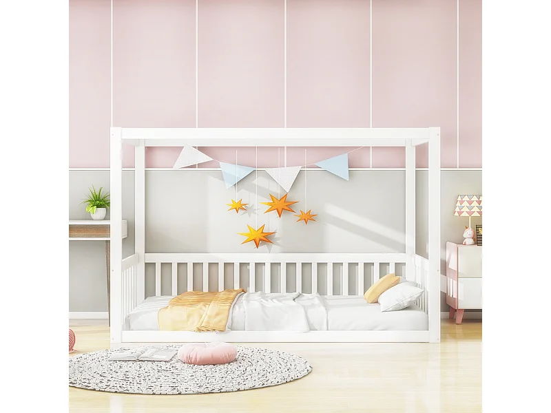 Lit mezzanine enfant 90x200 cm, lit à baldaquin bois massif pour enfants et adolescents, blanc
