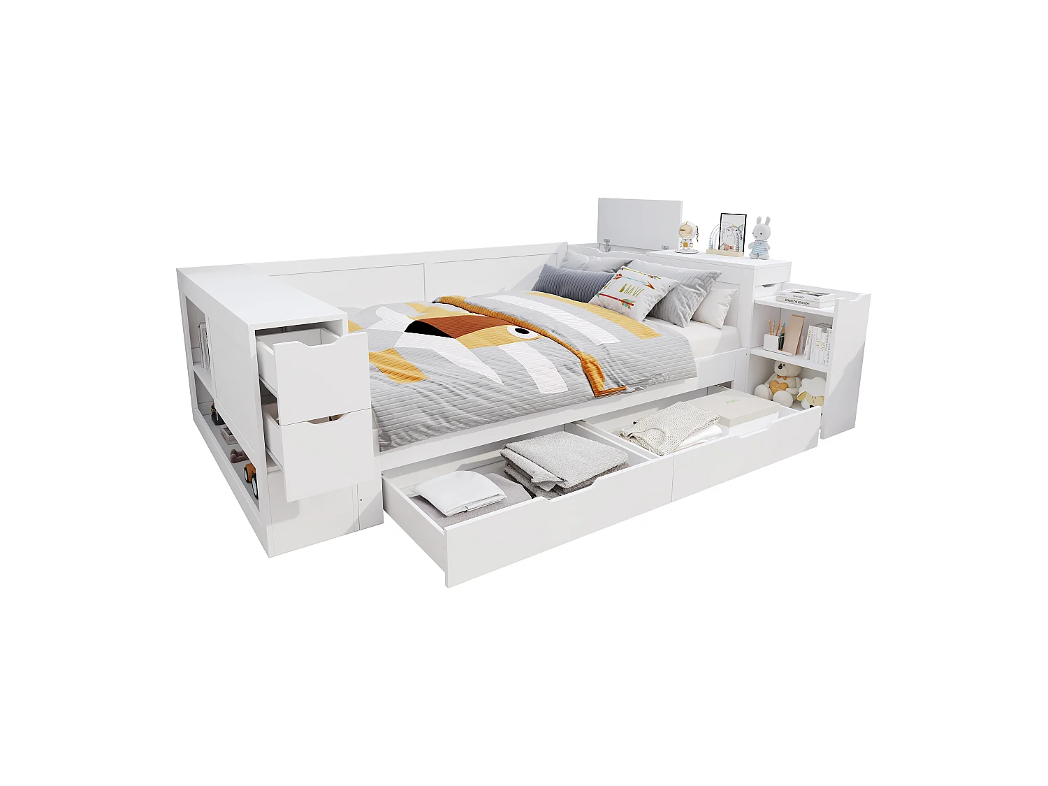 Lit coffre 140×200 cm blanc, bois MDF, avec tiroirs, étagères, armoires et tables de chevet, adapté aux adolescents
