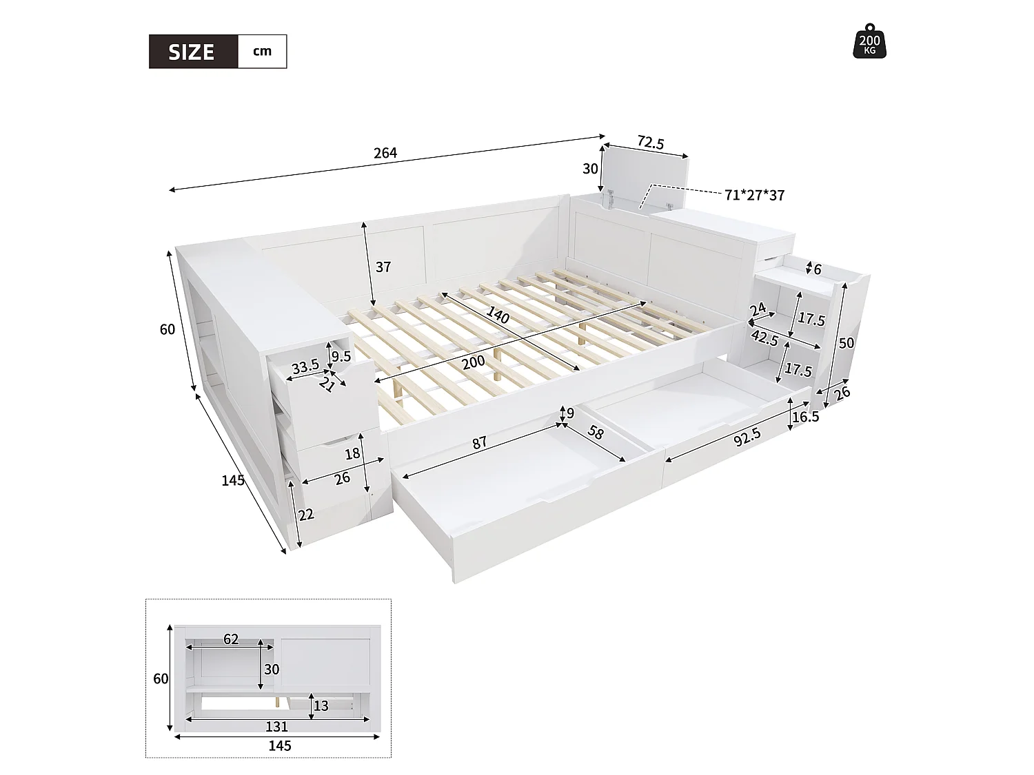 Lit coffre 140×200 cm blanc, bois MDF, avec tiroirs, étagères, armoires et tables de chevet, adapté aux adolescents
