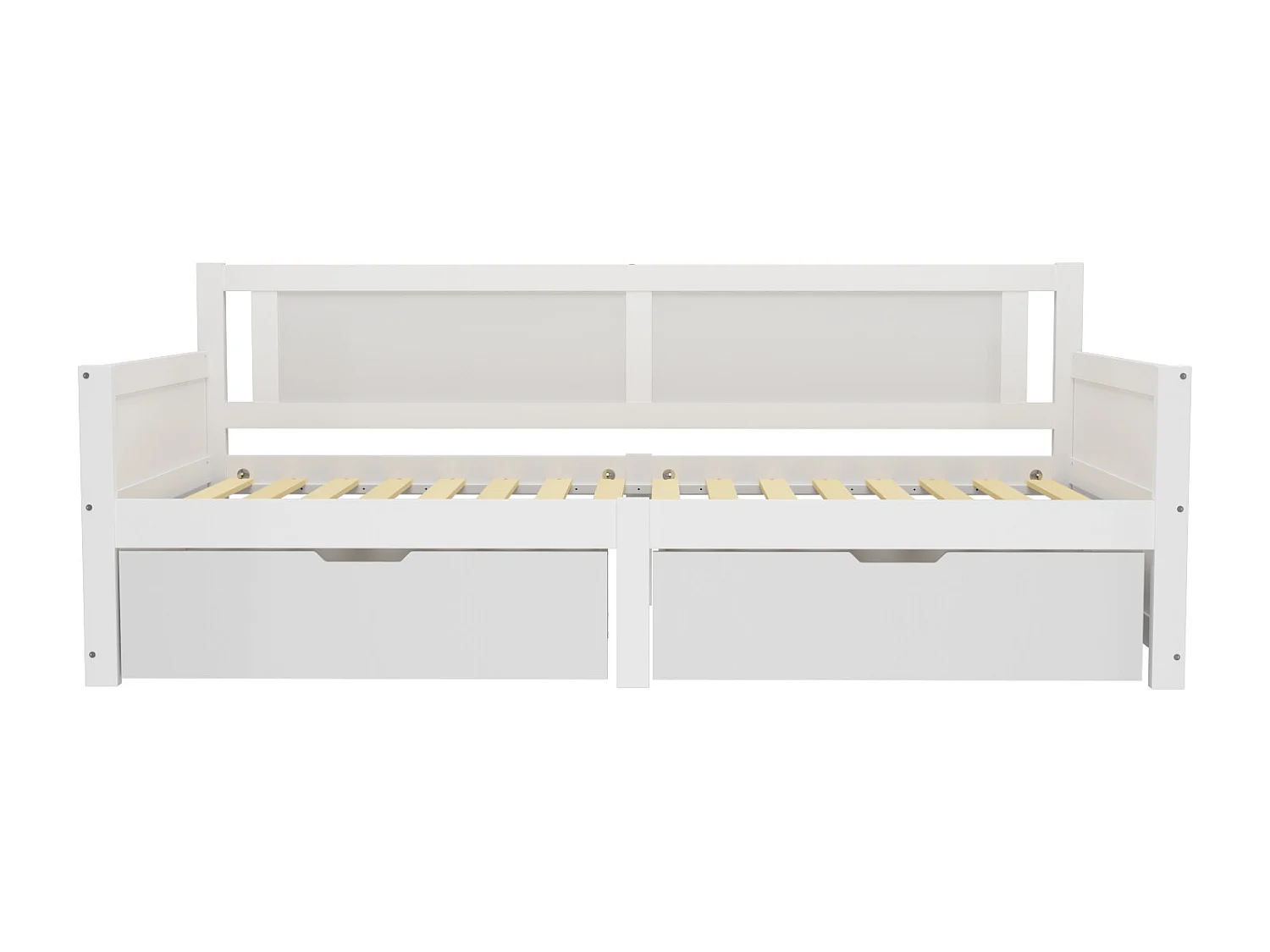 Canapé-lit 90x200 cm blanc, lit simple avec deux étagères intégrées, cadre en bois massif, usage enfant ado