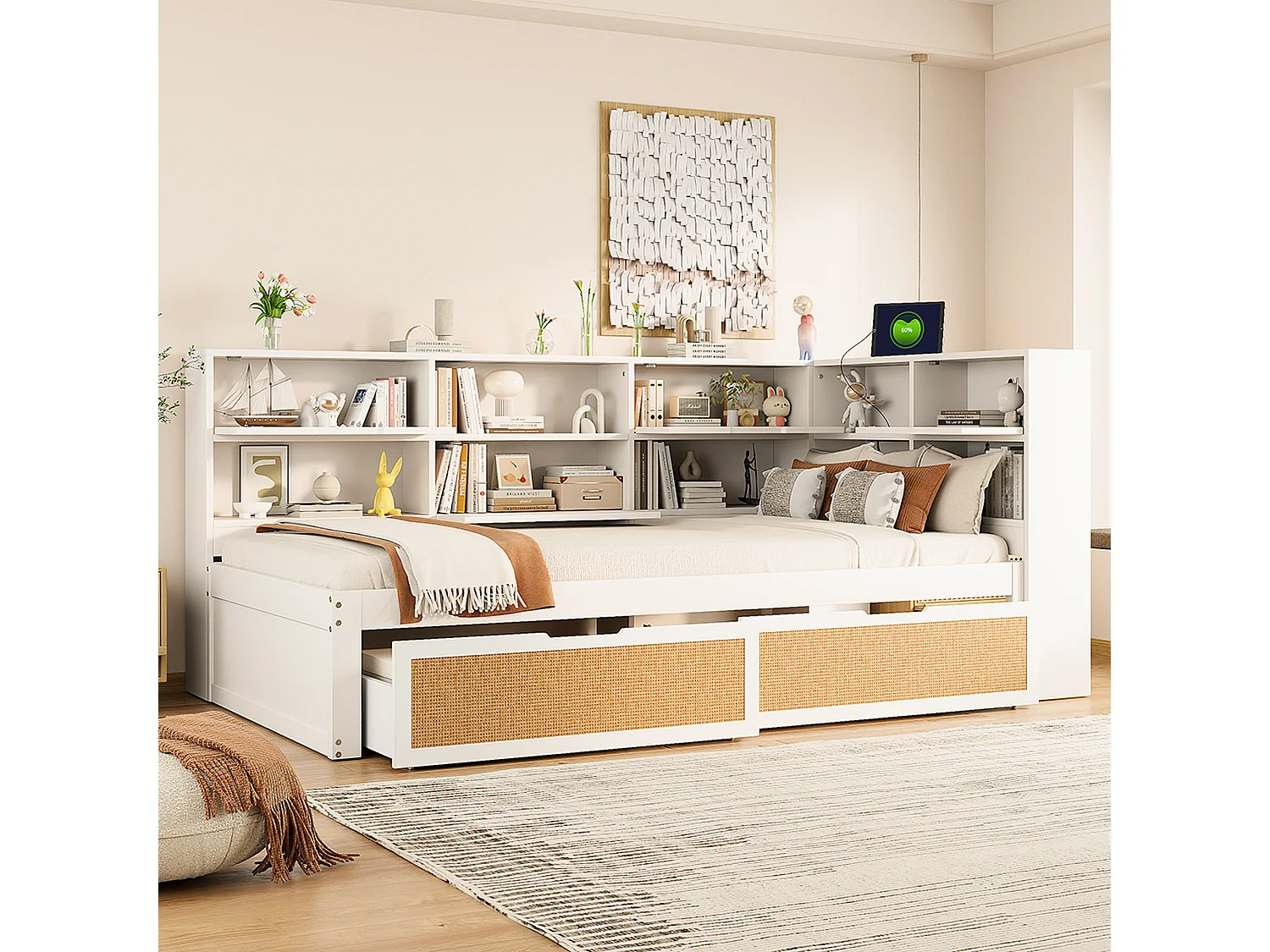 Lit canapé 90x200 cm en bois massif, avec tiroir, rangement, USB, LED, multifonction, blanc