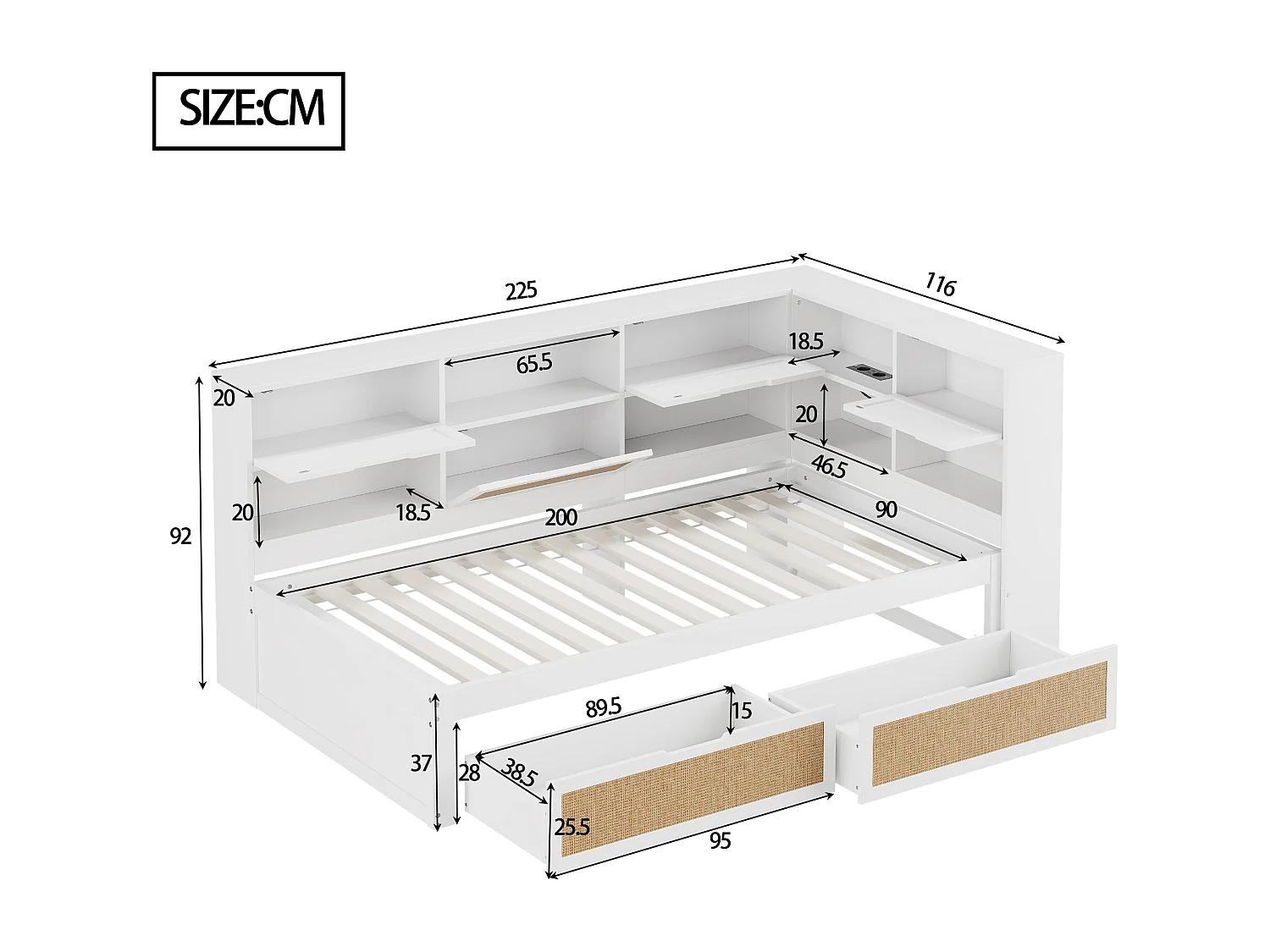 Lit canapé 90x200 cm en bois massif, avec tiroir, rangement, USB, LED, multifonction, blanc