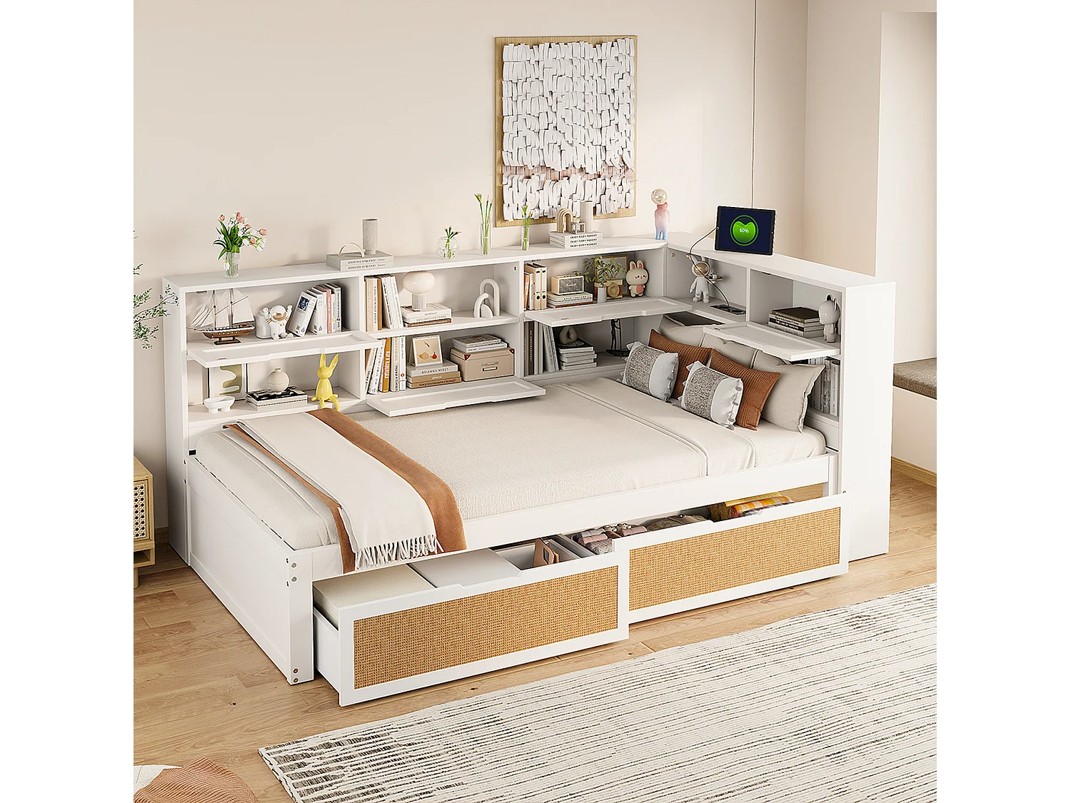 Lit canapé 90x200 cm en bois massif, avec tiroir, rangement, USB, LED, multifonction, blanc