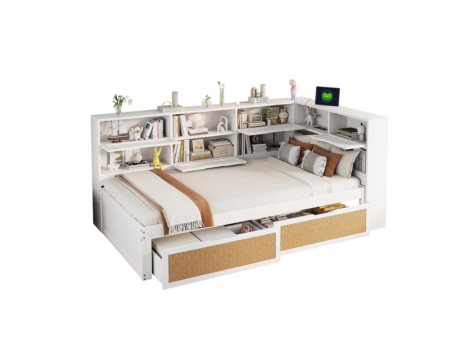 Lit canapé 90x200 cm en bois massif, avec tiroir, rangement, USB, LED, multifonction, blanc