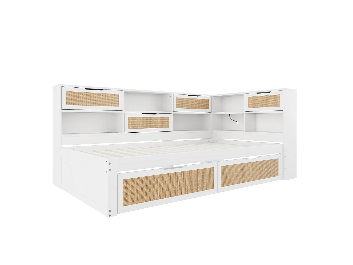 Lit canapé 90x200 cm en bois massif, avec tiroir, rangement, USB, LED, multifonction, blanc