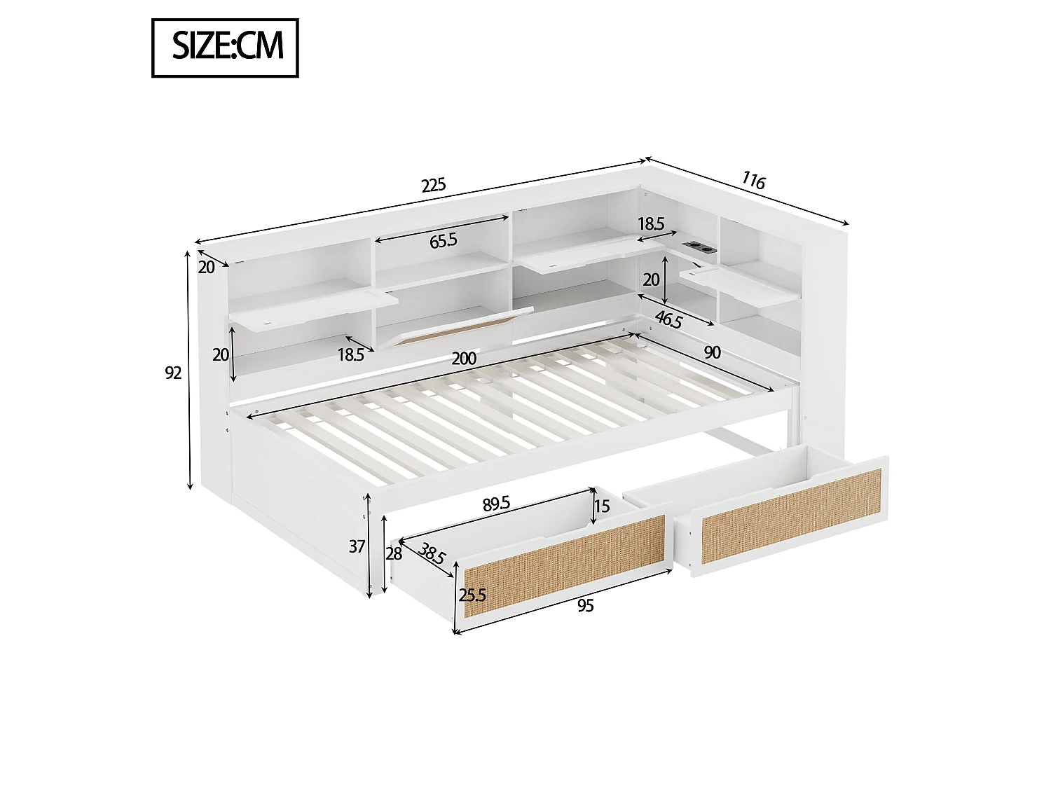 Lit canapé 90x200 cm en bois massif, avec tiroir, rangement, USB, LED, multifonction, blanc