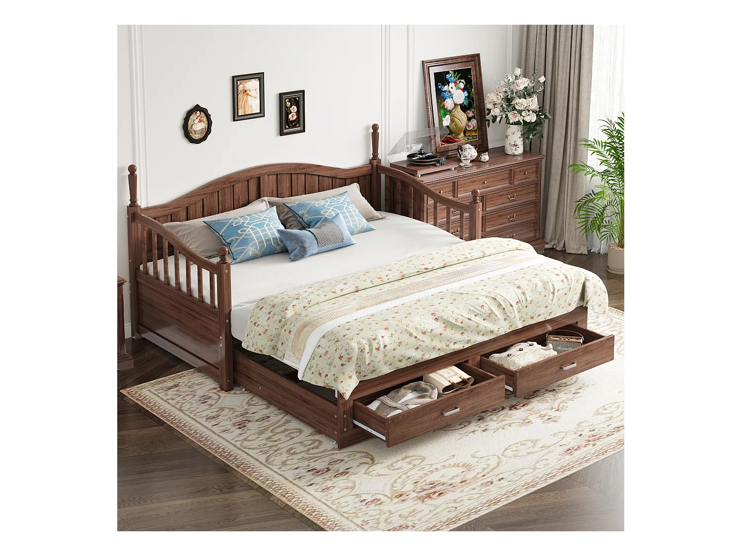 Canapé-lit extensible 90/180x190 en bois massif, colonnes romaines, dossier incurvé, tiroirs, sommier inclus, noyer