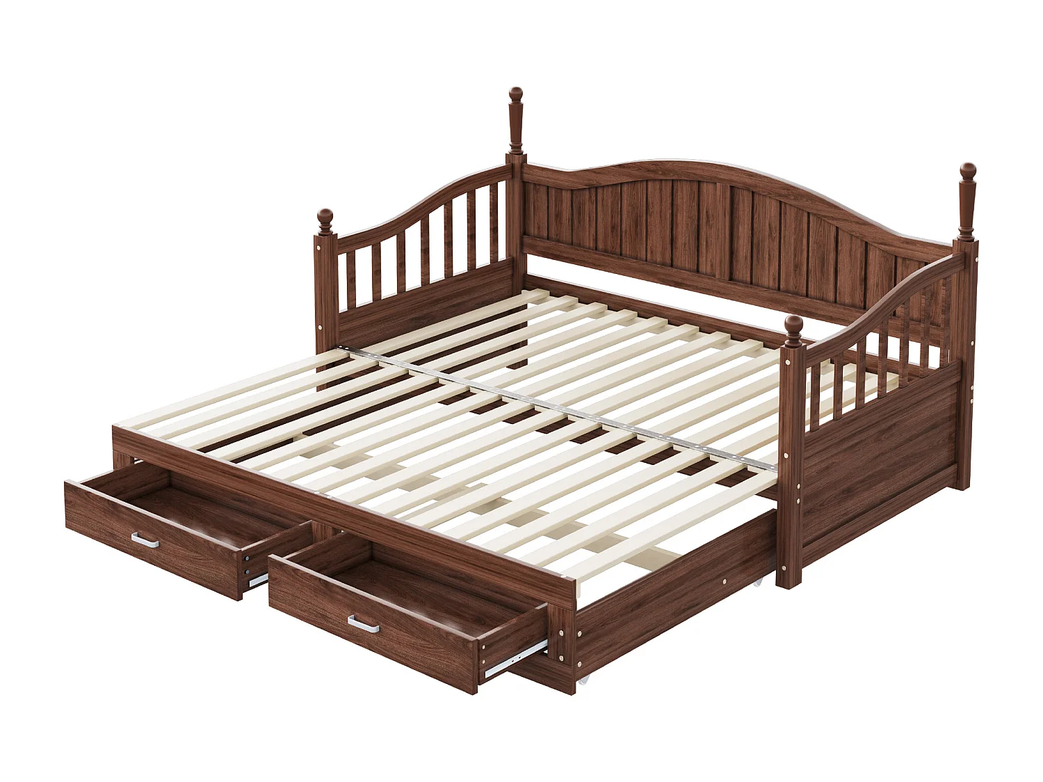 Canapé-lit extensible 90/180x190 en bois massif, colonnes romaines, dossier incurvé, tiroirs, sommier inclus, noyer