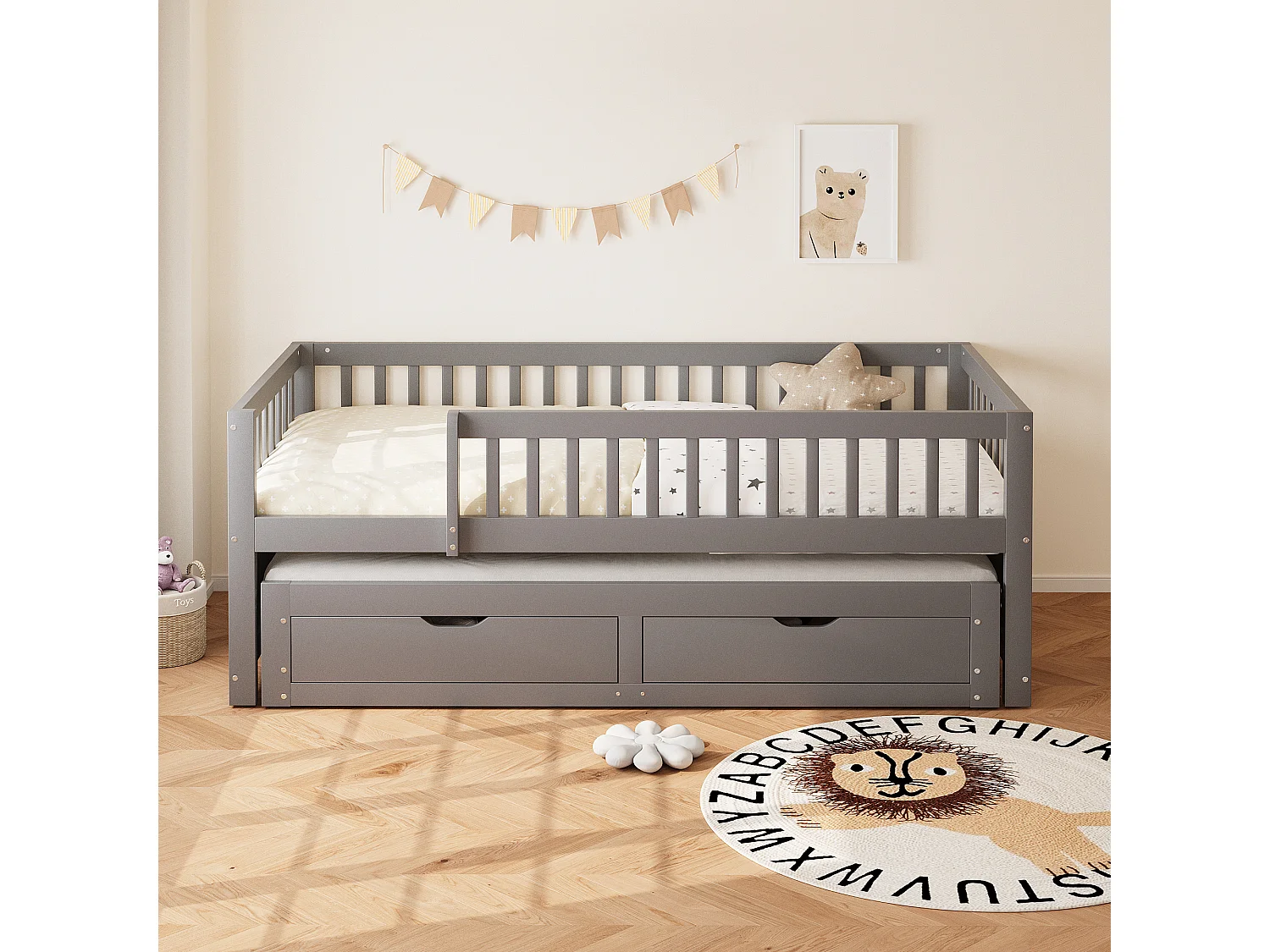 Canapé-lit en bois massif 90x200, barrière de sécurité, lit gigogne avec 2 tiroirs, sommier inclus, lit enfant, gris