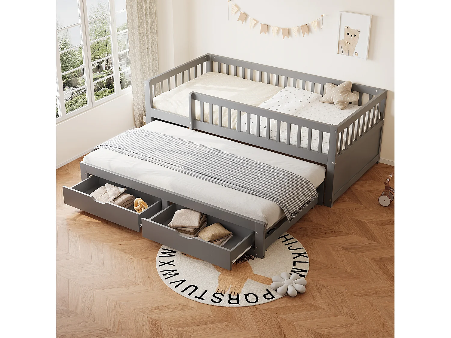 Canapé-lit en bois massif 90x200, barrière de sécurité, lit gigogne avec 2 tiroirs, sommier inclus, lit enfant, gris