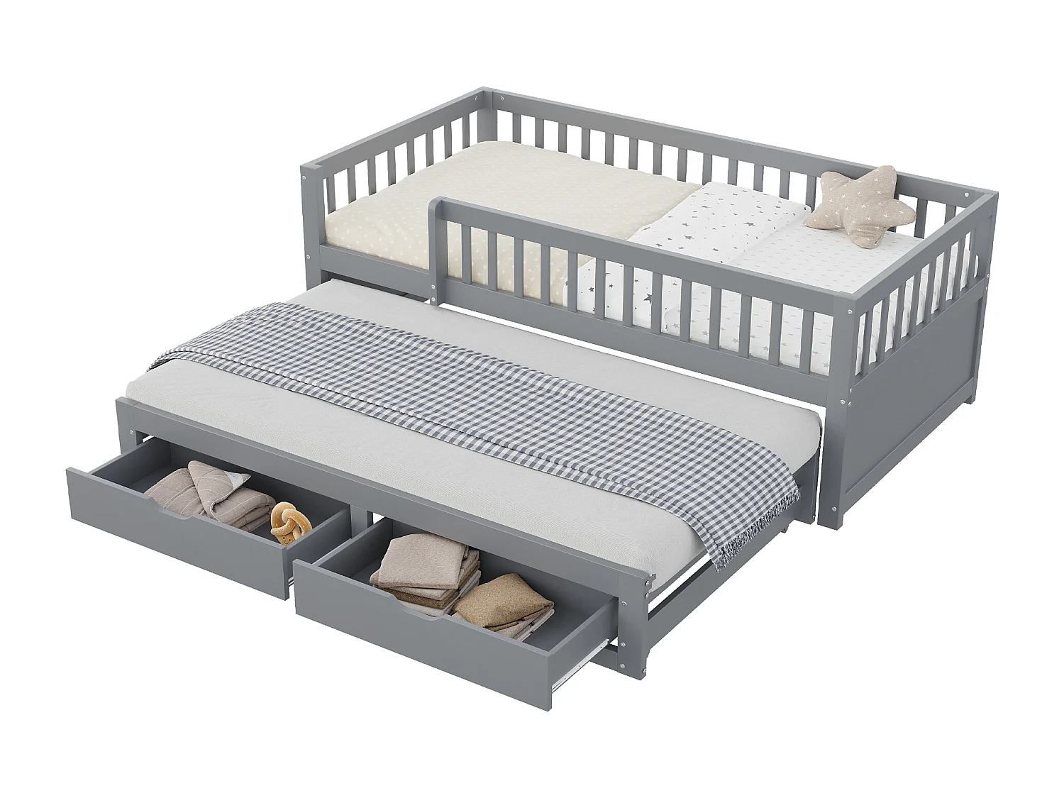 Canapé-lit en bois massif 90x200, barrière de sécurité, lit gigogne avec 2 tiroirs, sommier inclus, lit enfant, gris