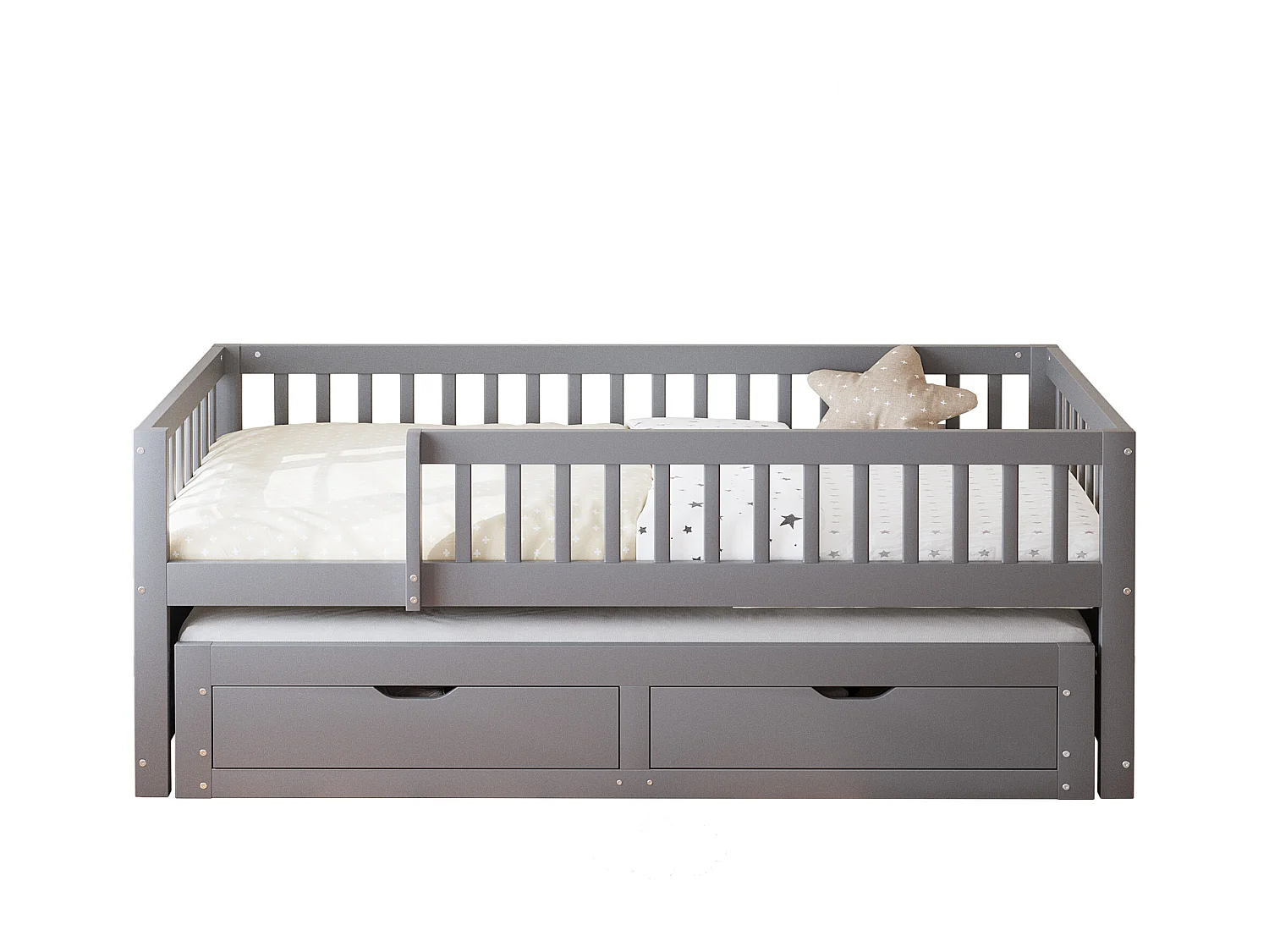 Canapé-lit en bois massif 90x200, barrière de sécurité, lit gigogne avec 2 tiroirs, sommier inclus, lit enfant, gris