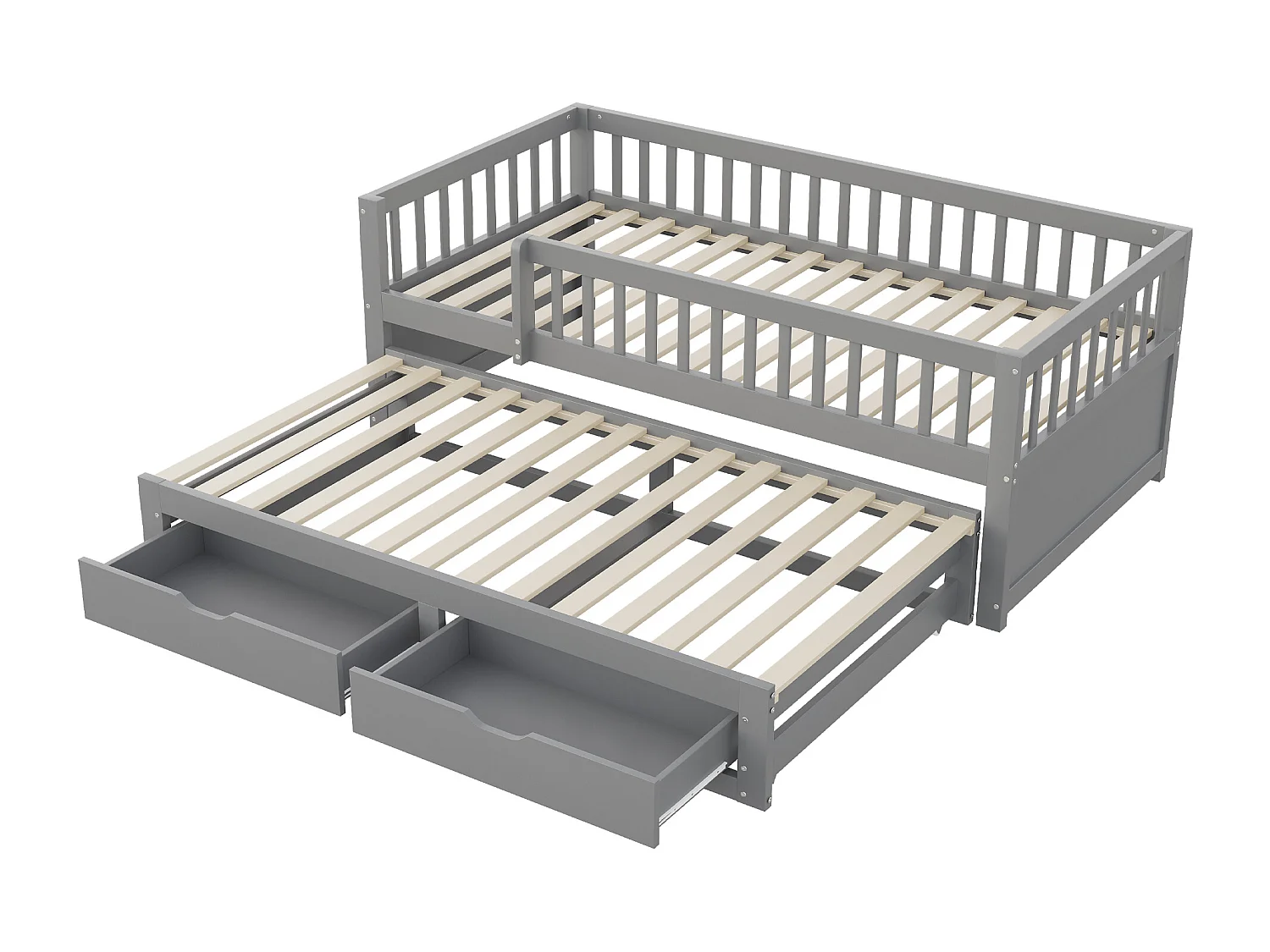 Canapé-lit en bois massif 90x200, barrière de sécurité, lit gigogne avec 2 tiroirs, sommier inclus, lit enfant, gris