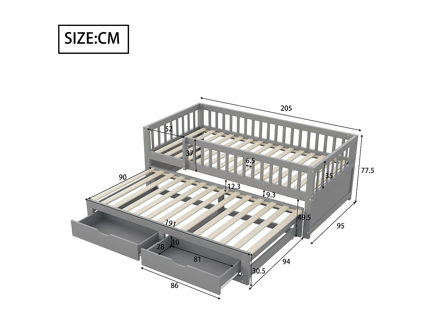 Canapé-lit en bois massif 90x200, barrière de sécurité, lit gigogne avec 2 tiroirs, sommier inclus, lit enfant, gris