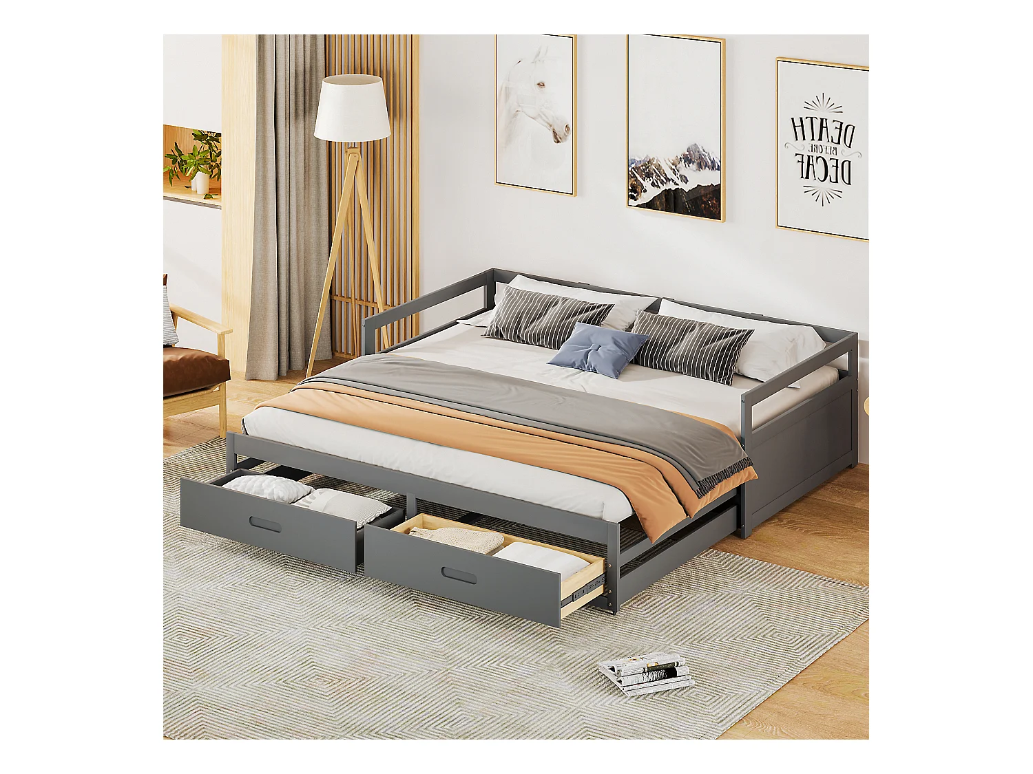 Canapé-lit extensible 90/180x200 avec tiroirs et sommier, lit en pin avec rangement, gris