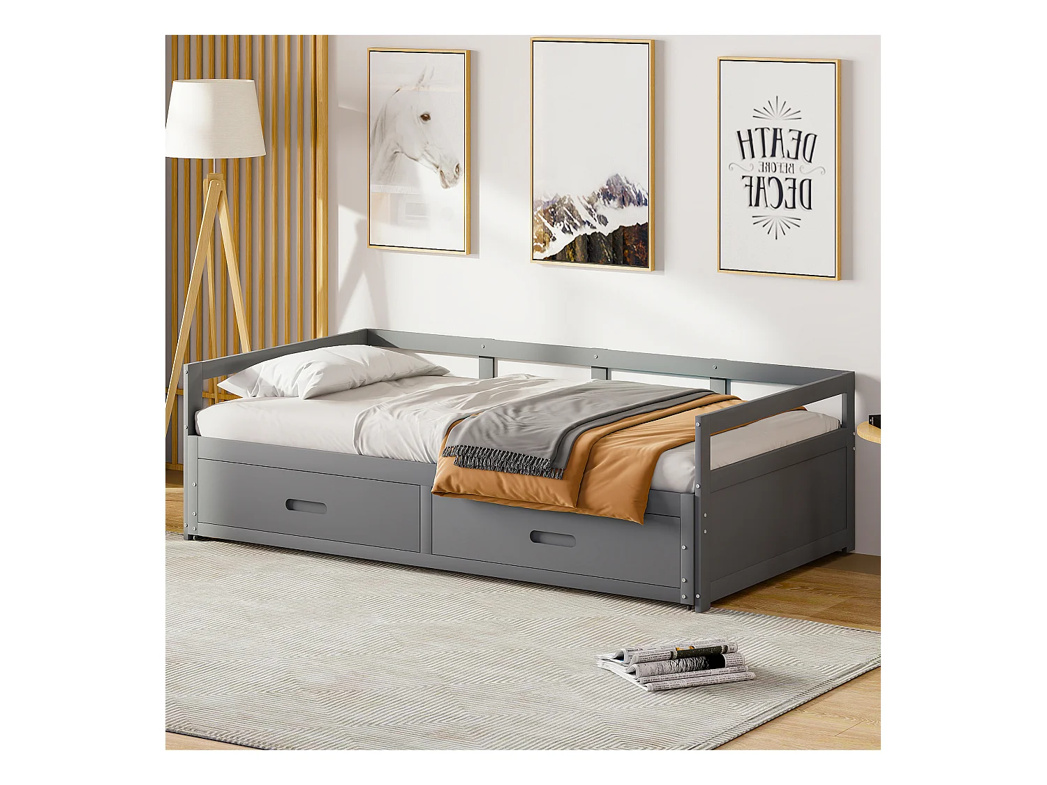 Canapé-lit extensible 90/180x200 avec tiroirs et sommier, lit en pin avec rangement, gris