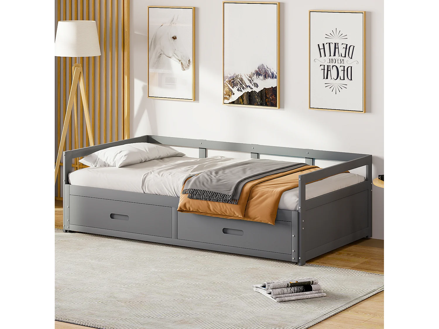 Canapé-lit extensible 90/180x200 avec tiroirs et sommier, lit en pin avec rangement, gris