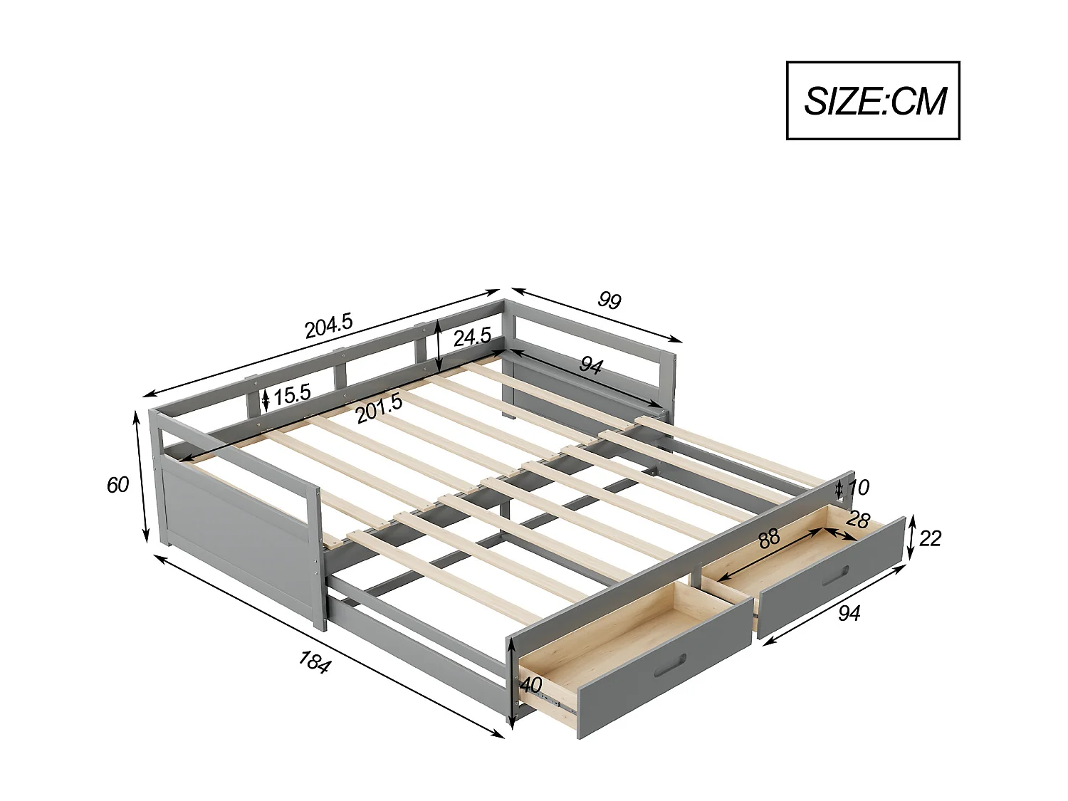 Canapé-lit extensible 90/180x200 avec tiroirs et sommier, lit en pin avec rangement, gris