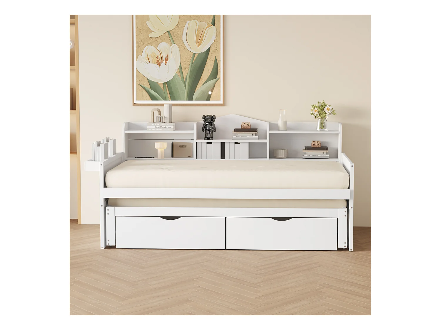 Canapé-lit 90x200, lit gigogne 90x190 avec deux tiroirs, grand espace de rangement et port USB, bois massif, blanc