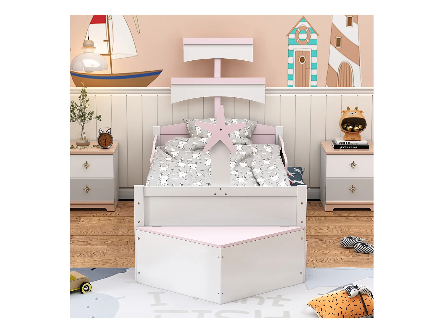 Lit enfant en bois 90x200, forme voilier, avec lit gigogne, armoire de rangement, lit simple, rose