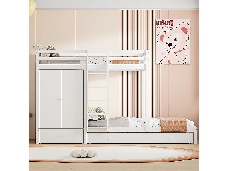 Lit superposé en bois massif 90x200, avec lit gigogne, armoire, tiroirs et étagère, lit enfant multifonction, blanc