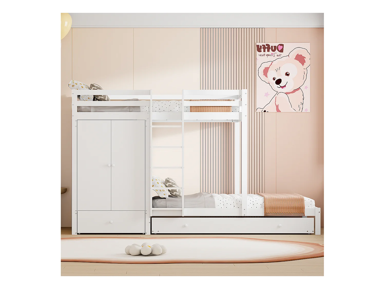 Lit superposé en bois massif 90x200, avec lit gigogne, armoire, tiroirs et étagère, lit enfant multifonction, blanc