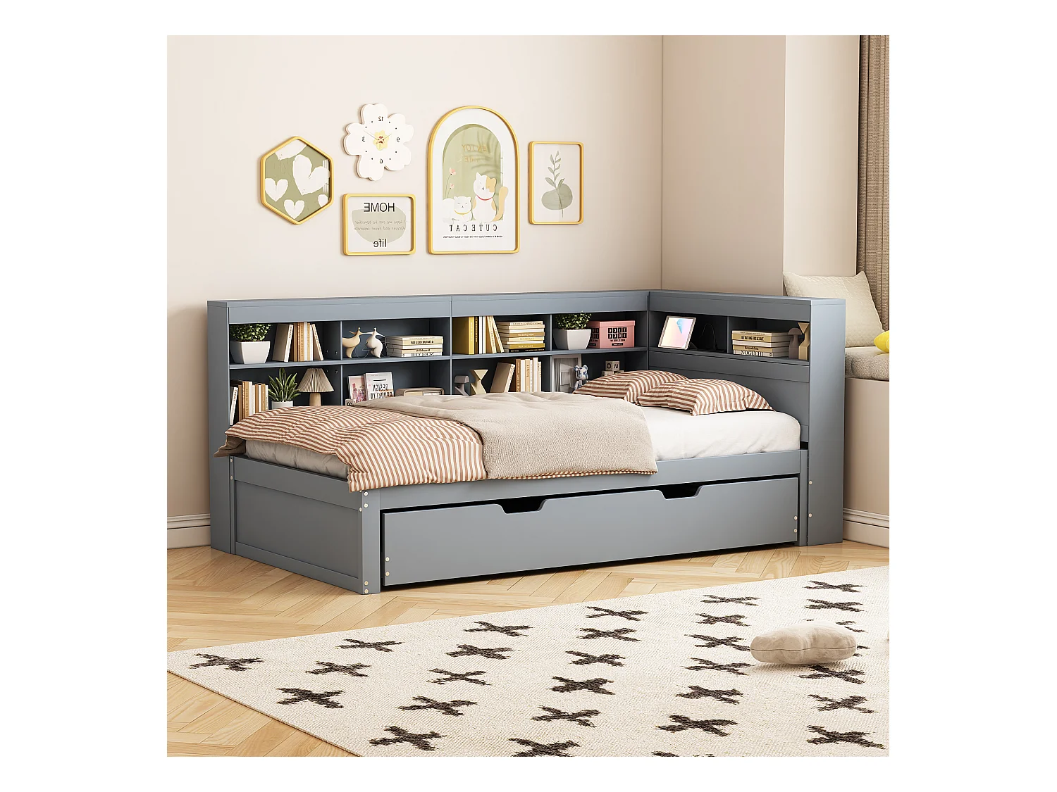 Canapé-lit 90x200, lit gigogne 90x190 avec port USB et étagères, lit multifonction en bois massif, gris