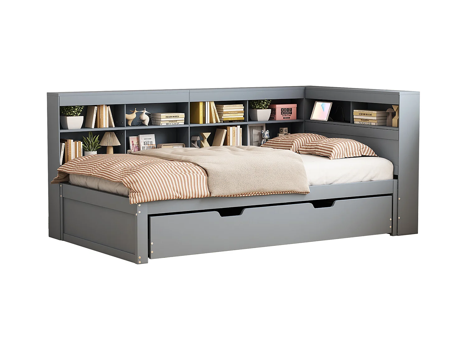 Canapé-lit 90x200, lit gigogne 90x190 avec port USB et étagères, lit multifonction en bois massif, gris